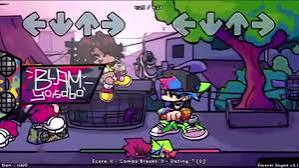 Cartoon rhythm game scene with directional arrows