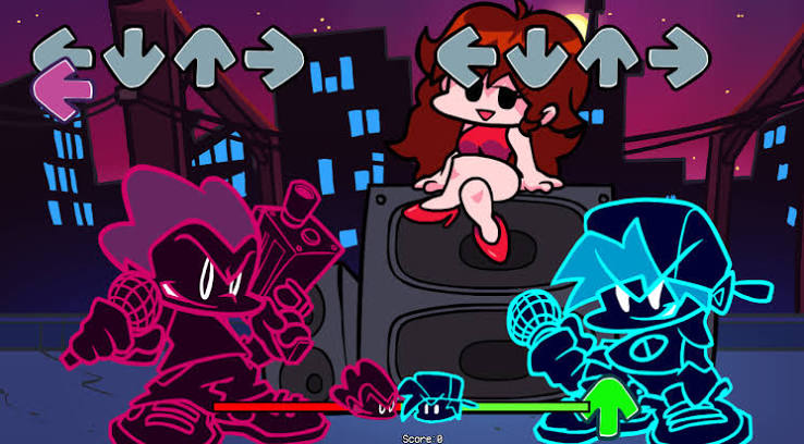 Neon rhythm game characters on a city stage