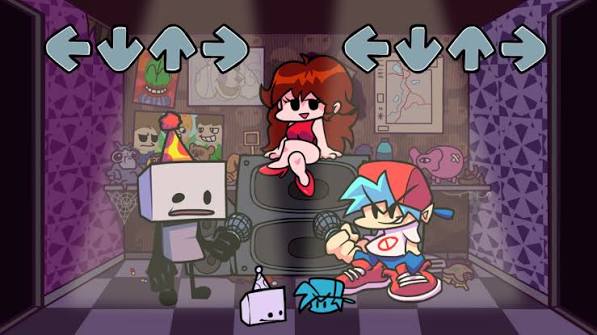 Cartoon rhythm game scene in a purple room